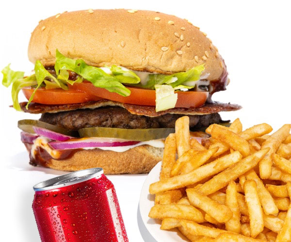 Burger, Fries, Can of Soda