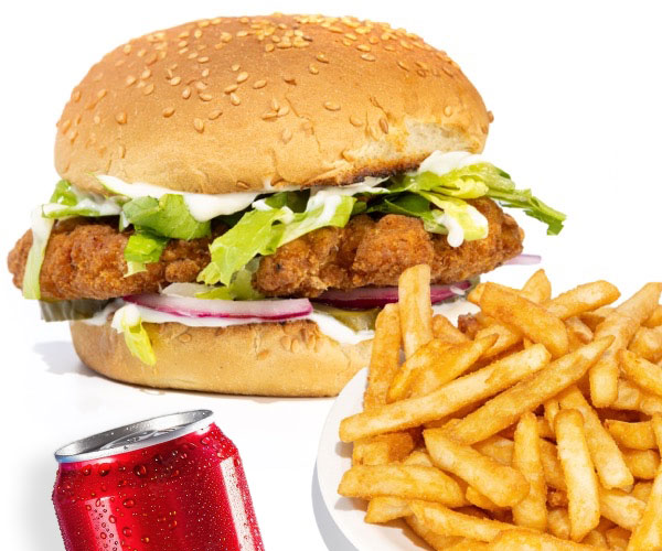 Burger, Fries, Can of Soda